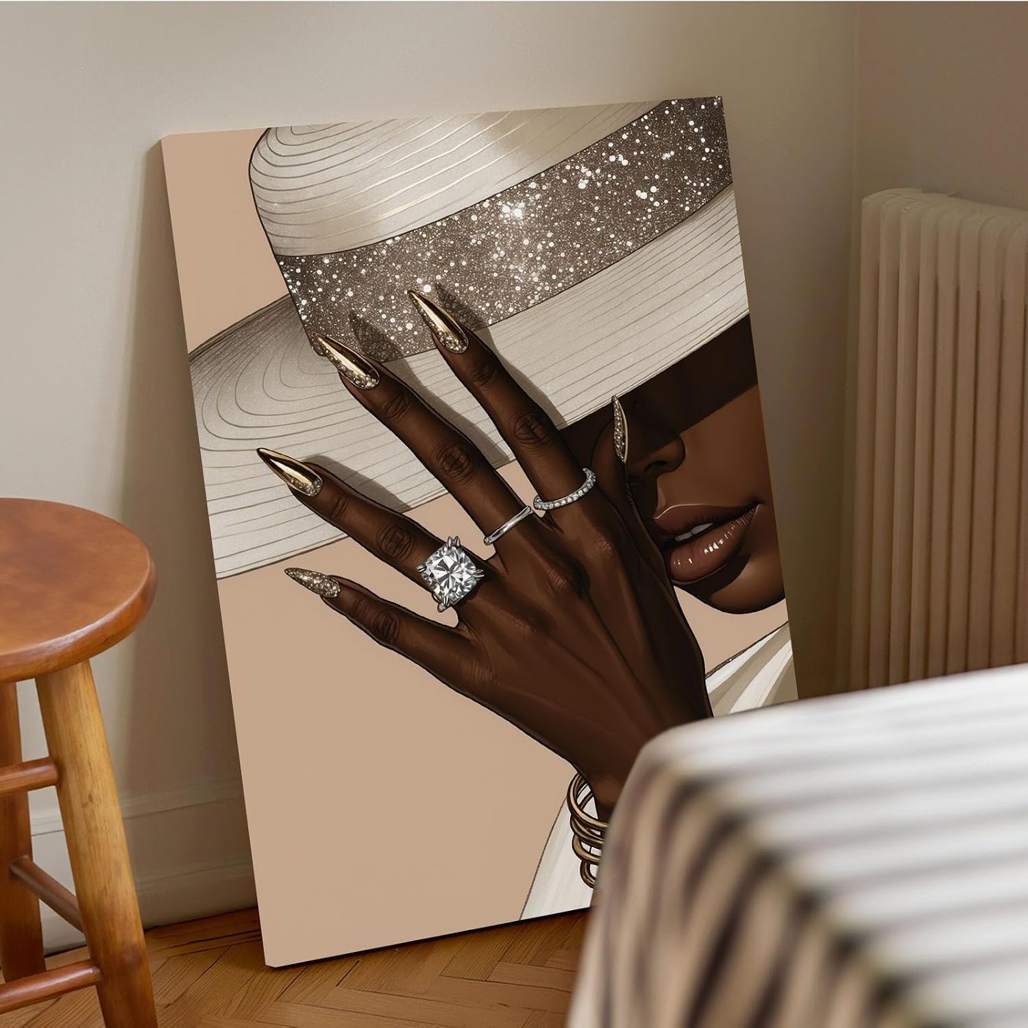 Fashion wall painting Black girl with white hat Canvas painting African poster is a good choice for room decoration Simple art 28x40in Wood Framed