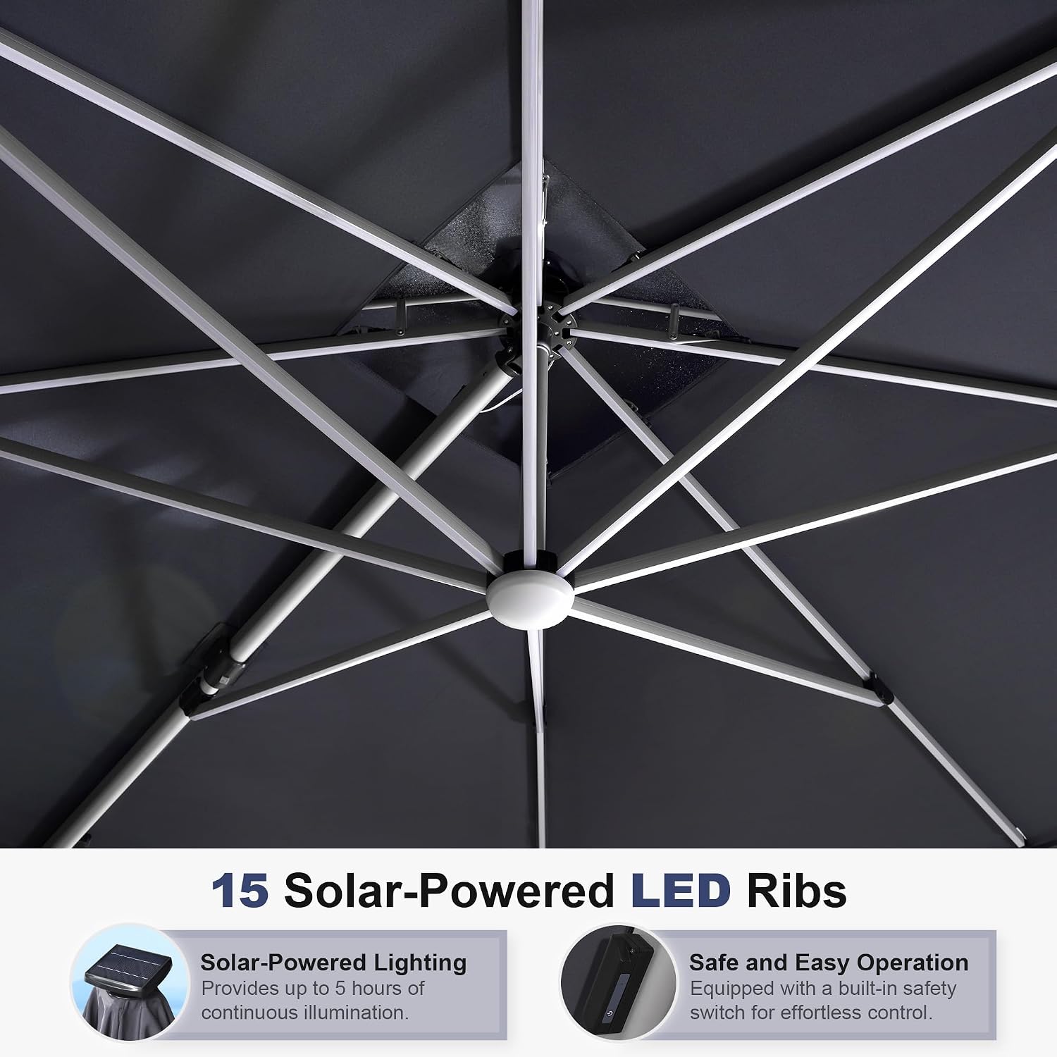 PURPLE LEAF 12ft Solar powered LED Patio Umbrella Outdoor Round Umbrella Large Cantilever Umbrellas with LED lights Windproof Offset Umbrellas Heavy Duty Sun Umbrella for Garden Deck Pool Patio, Grey
