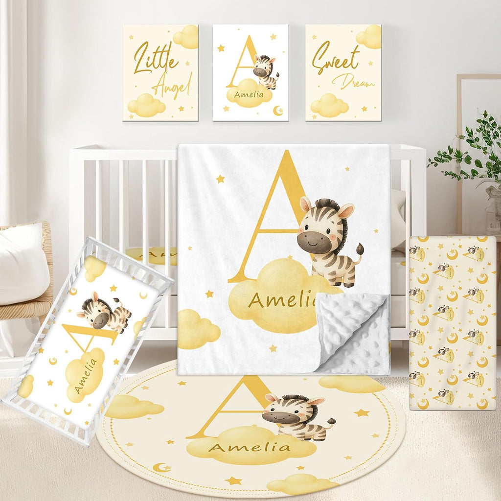 KAINSY Custom Crib Bedding Set, 5 Pcs Personalized Name Monogram Baby Crib Sets for Infants Toddlers, Yellow Zebra Nursery Bedding Set for Boys Girls, Double Layer Baby Bedding Sets Customized Gifts