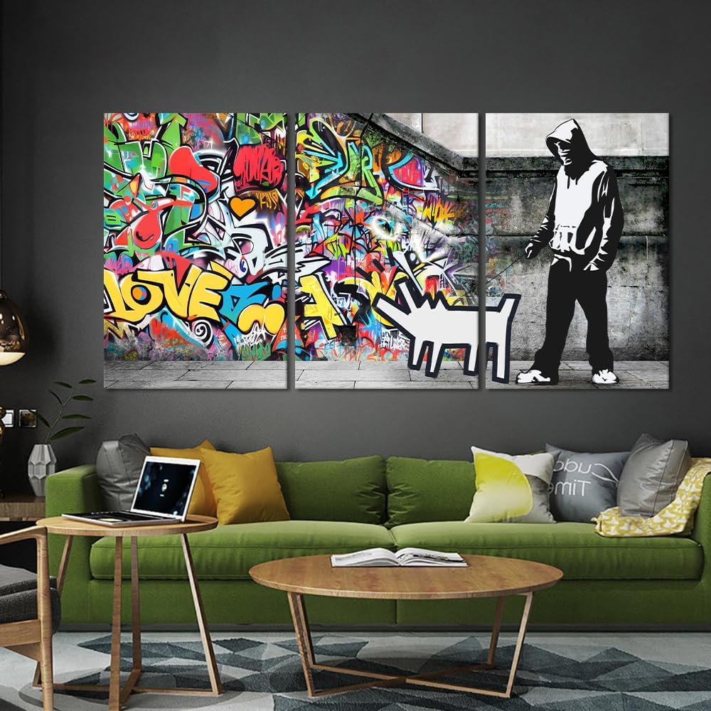 Novatique Banksy Canvas Wall Art Graffiti Pictures Wall Decor Abstract Painting Pop Art Wall Decor Street Art Canvas Print for Living Room Bedroom, 24'x 36'x 3Pcs