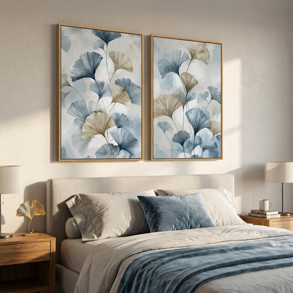 Large Framed Blue Botanical Wall Art Set of 2, Neutral Minimalist Canvas Paintings Prints, Watercolor Pastel Pictures Artwork for Modern Farmhouse Living Room Bedroom Kitchen Wall Decor, 24x36 Inch