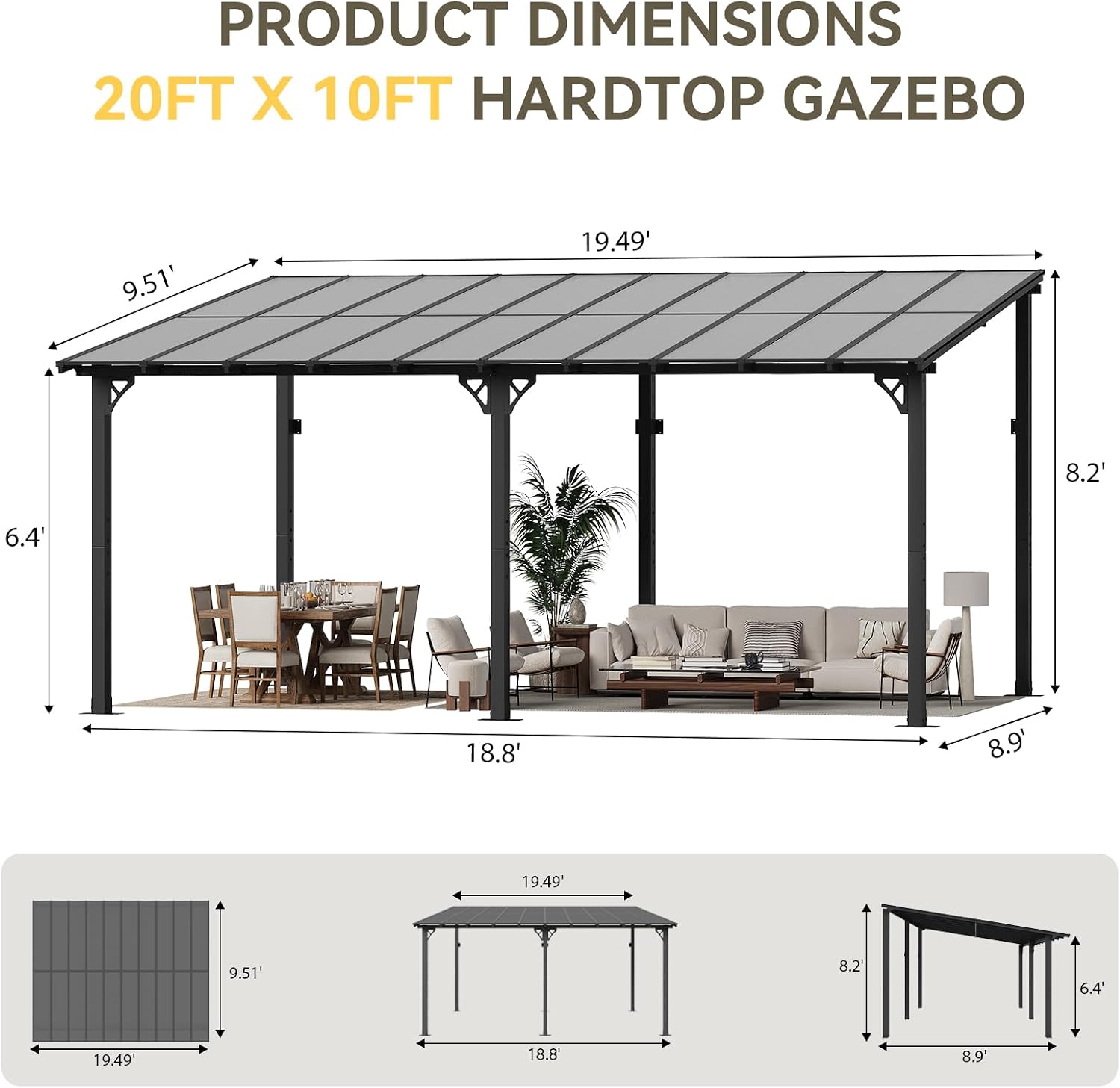 Aoxun 14' x 10' Gazebo for Patio, Lean to Gazebo Pergola with Sloped Roof, Large Wall-Mounted Heavy Duty Awnings, for Backyard, Deck, Patio
