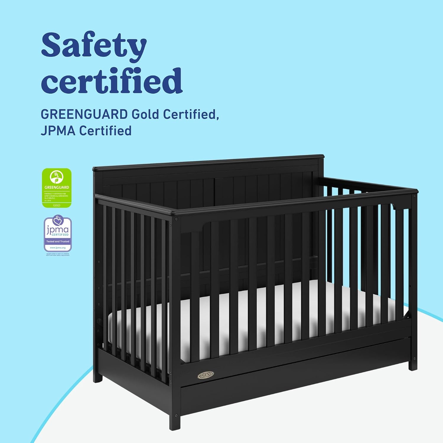 Graco Hadley 5-in-1 Convertible Crib with Drawer – GREENGUARD Gold Certified, Fits Standard Crib Mattress, Converts to Toddler Bed, Daybed and Full Bed, 4 Adjustable Mattress Heights (Black)