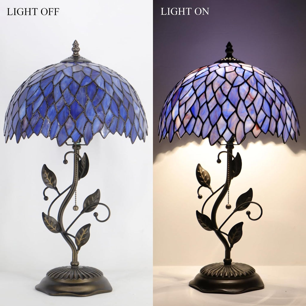 Tiffany Table Lamp Stained Glass Desk Lamp Metal Leaf Base Reading Light 12X19 Inch (Wisteria Style)