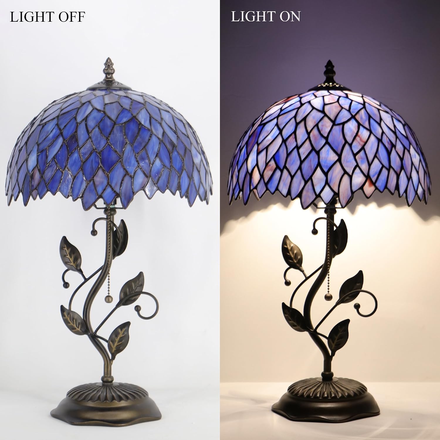 Tiffany Table Lamp Stained Glass Desk Lamp Metal Leaf Base Reading Light 12X19 Inch (Wisteria Style)