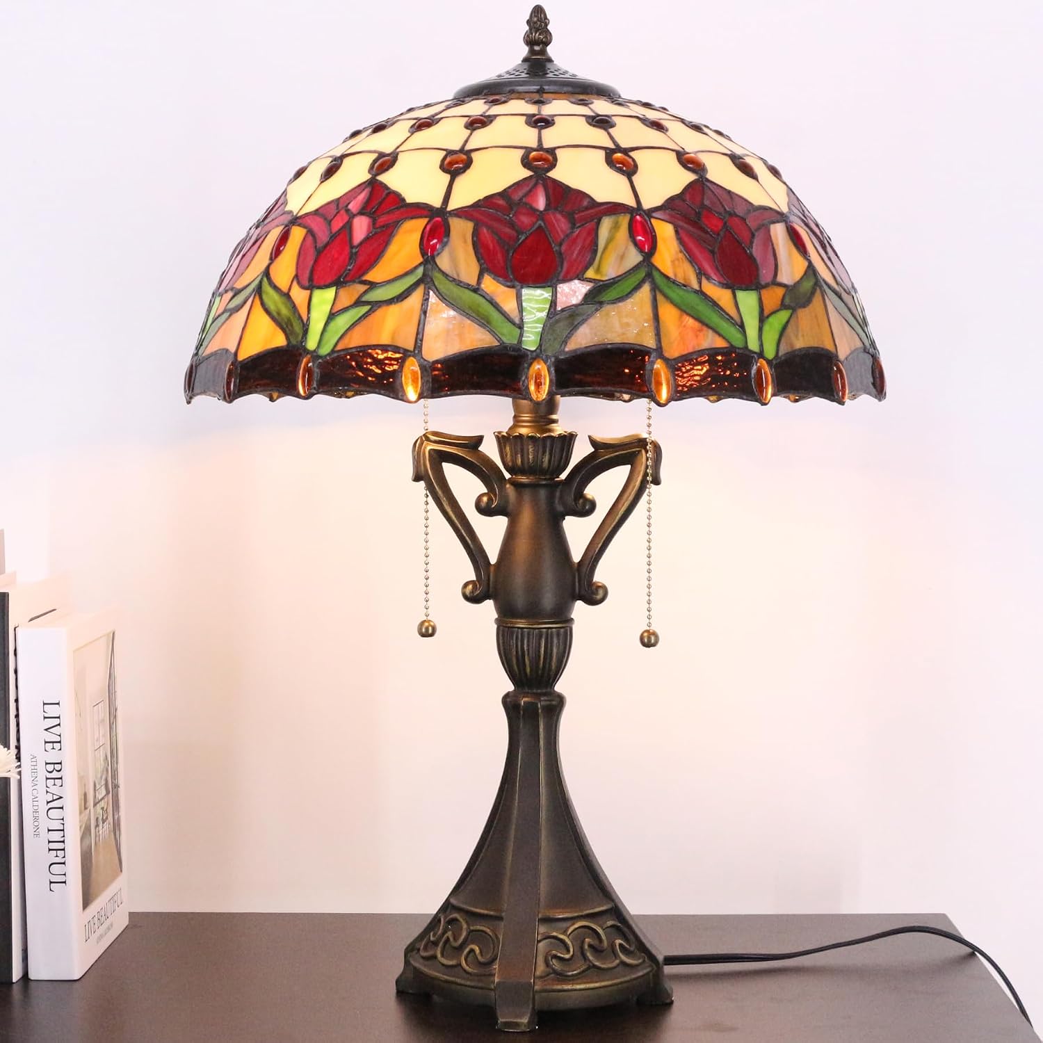 Table Lamp Base Replacement Only, Wide 6.6 Height 24 Inch, Fit for 12, 14, 16, 18 Inch Tiffany Style Stained Glass Lampshade, Dark Bronze Finish, Resin, Pull Chain Switch(O (W6.6H24 Inch))