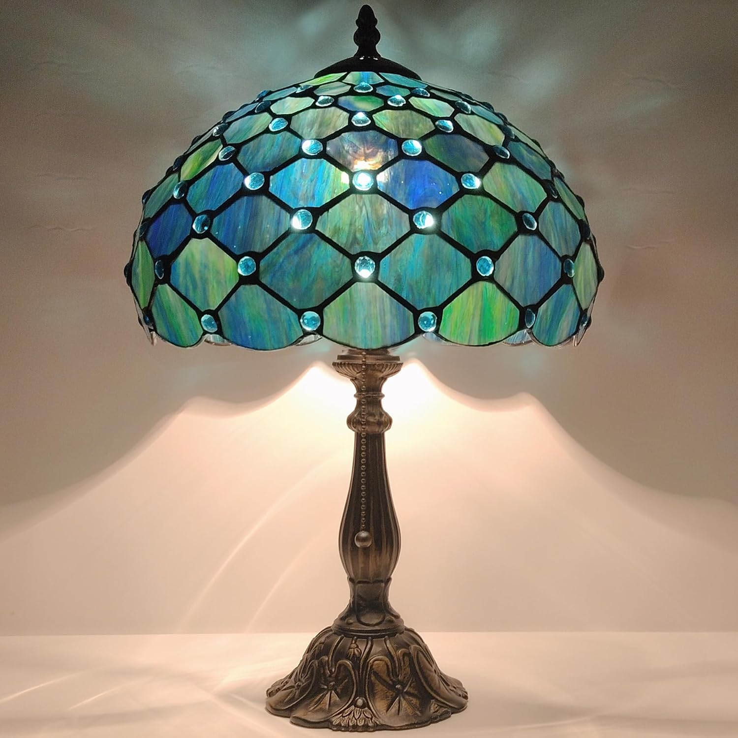 Tiffany Lamp Stained Glass Table Lamp Bedside Reading Light W12H19 Inches (Sea Blue Pearl Style)