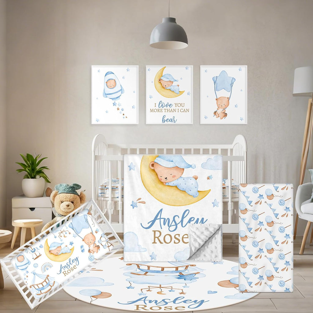 Terwex Personalized Baby Crib Bedding Set, 5 Pcs Custom Name Baby Crib Set with Double Layer Blanket, Soft Blue Moon Bear Nursery Bedding Set for Girls Boys, Customized Gifts for Toddlers Infants