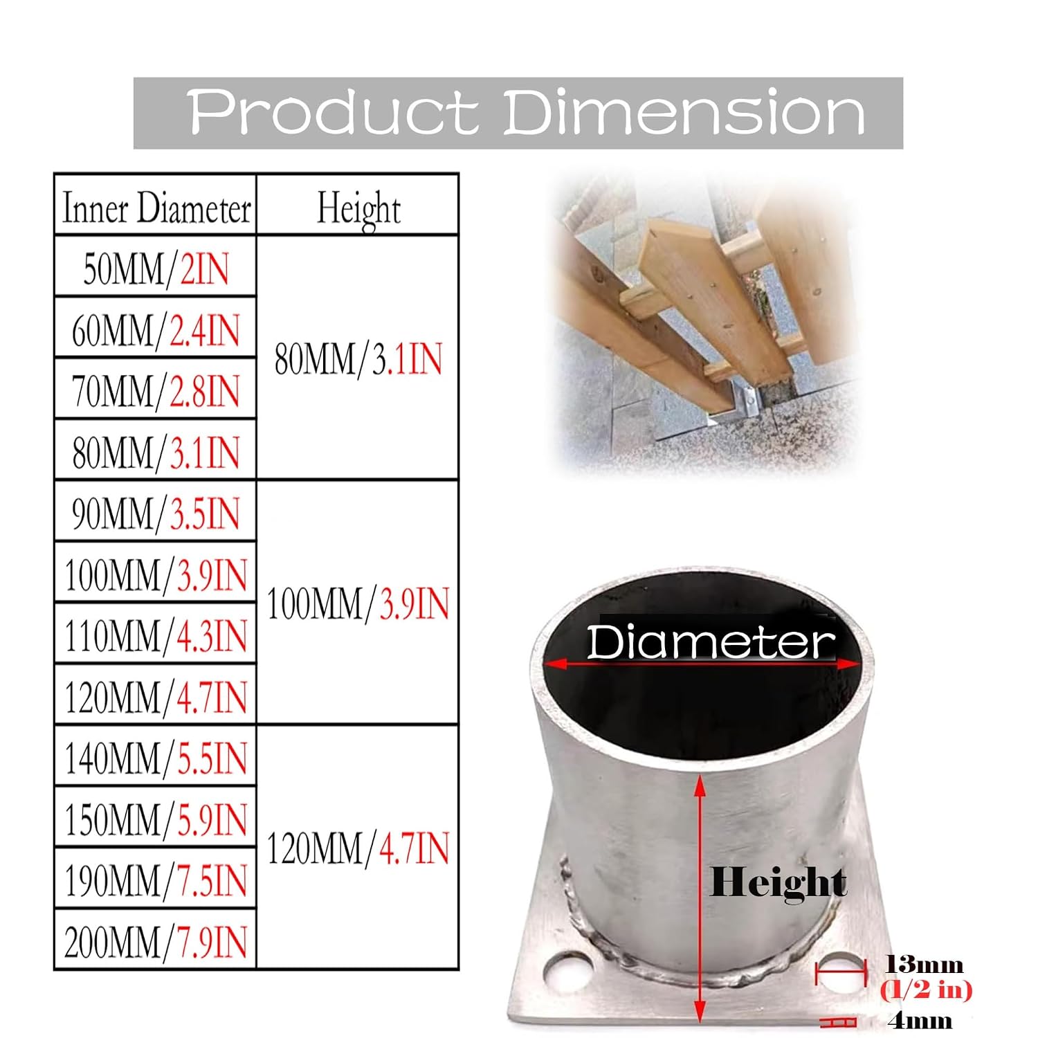 Heavy Duty Post Base for Mailbox/Swingset/Flagpole, Stainless Steel Fencepost Sleeve Surface Mount Kit, Silver Deck Post Brackets Diameter 1'' 1 1/5'' 7 1/2 8 Inch(Dia 2.8IN(70MM),4 pcs)