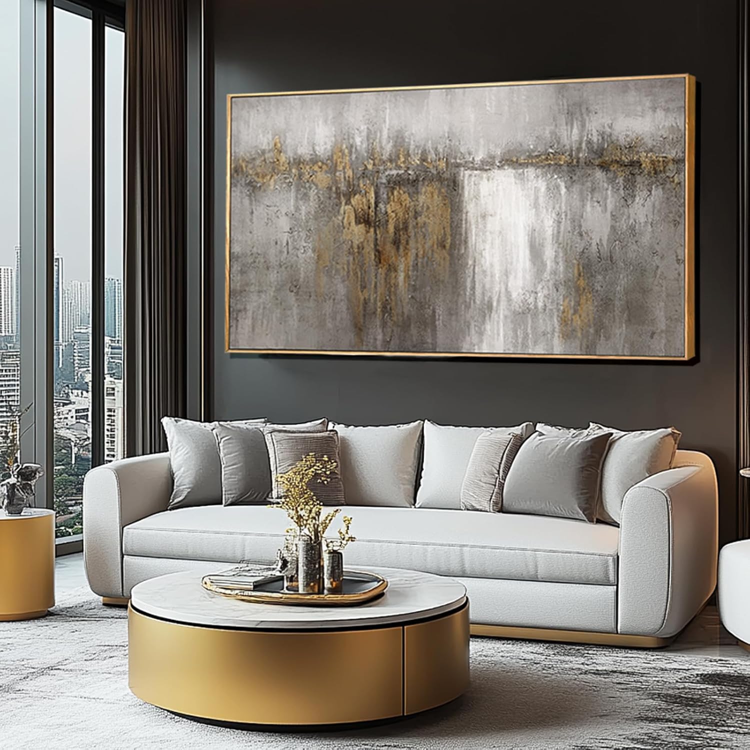 White and Gold Artwork for Walls Abstract Framed Poster Print 24'x48' Canvas Wall Art for Bedroom Neutral Artwork Decor for Office