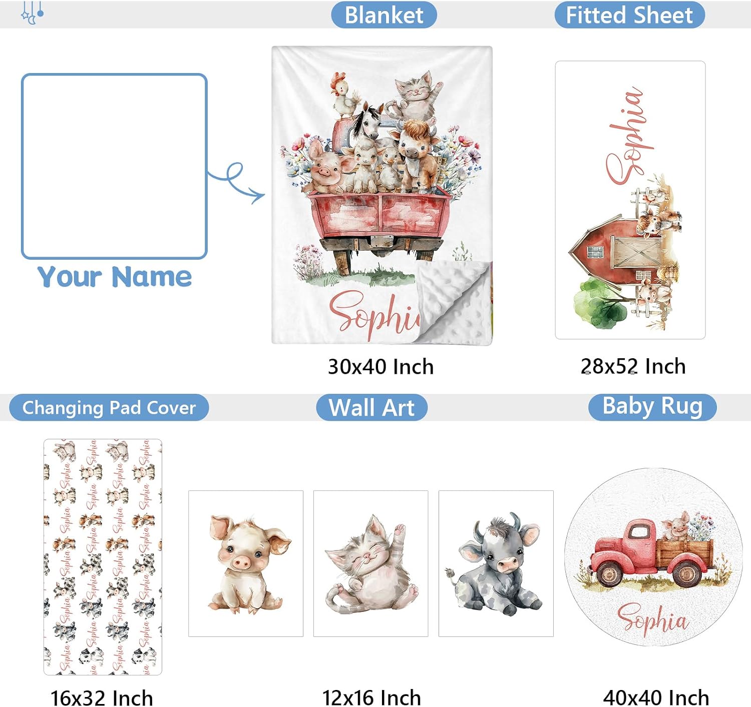 KAINSY Custom Crib Bedding Set 5 Piece for Girls Boys – Personalized Farm Animals Theme, Newborn Sleep Set, Nursery Decor, Toddler Room Essentials, Infant Sleep, Baby Room Accessories, Baby Gift