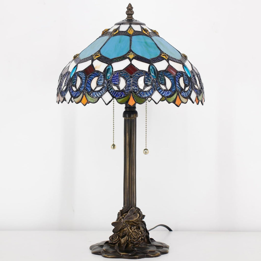 Table Lamp Stained Glass Desk Lamp 12X12X21Inch Resin Base for Bedroom Living Room Reading Light (Blue Jewelry Baroque)