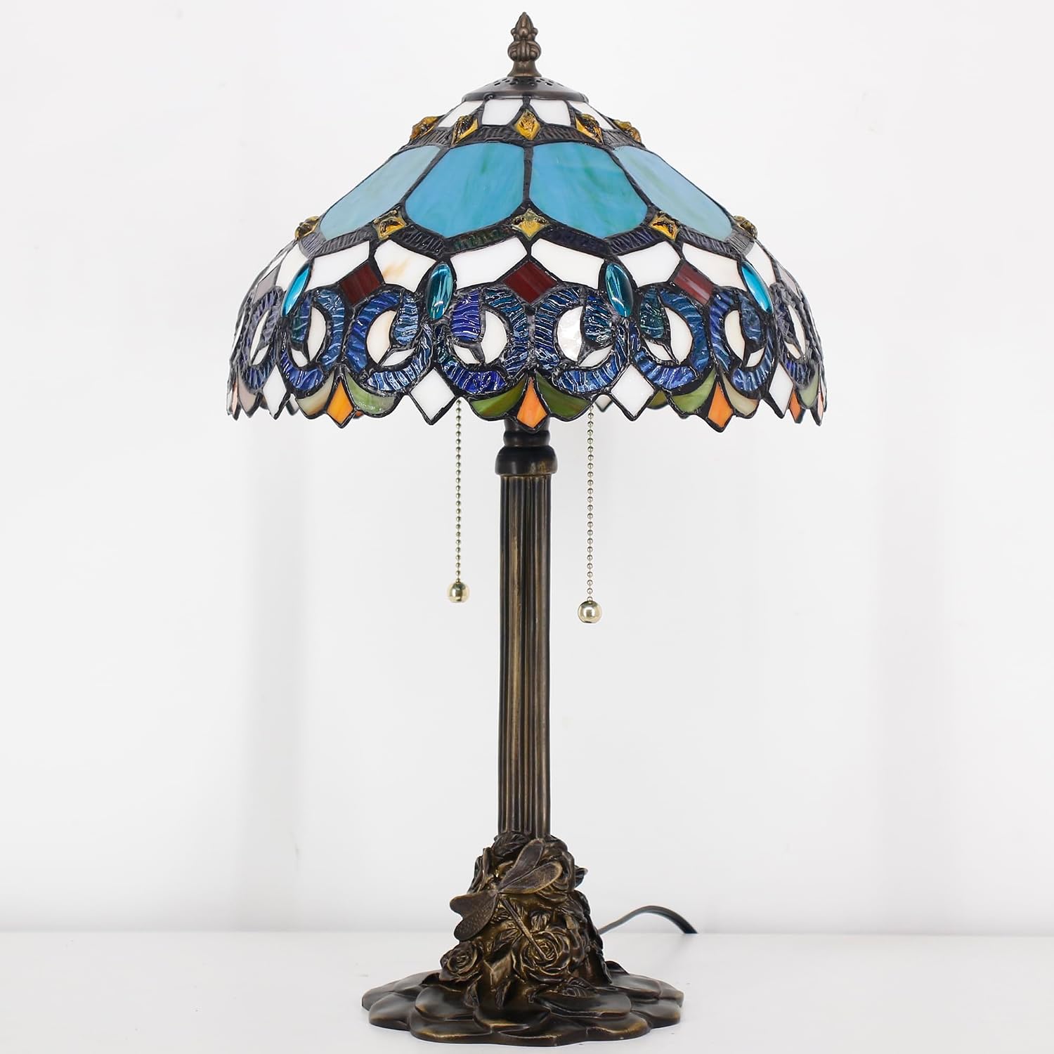 Table Lamp Stained Glass Desk Lamp 12X12X21Inch Resin Base for Bedroom Living Room Reading Light (Blue Jewelry Baroque)