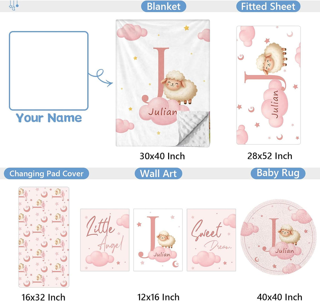 KAINSY Custom Crib Bedding Set, 5 Pcs Personalized Name Monogram Baby Crib Sets for Infants Toddlers, Pink Sheep Nursery Bedding Set for Boys Girls, Double Layer Baby Bedding Sets Customized Gifts