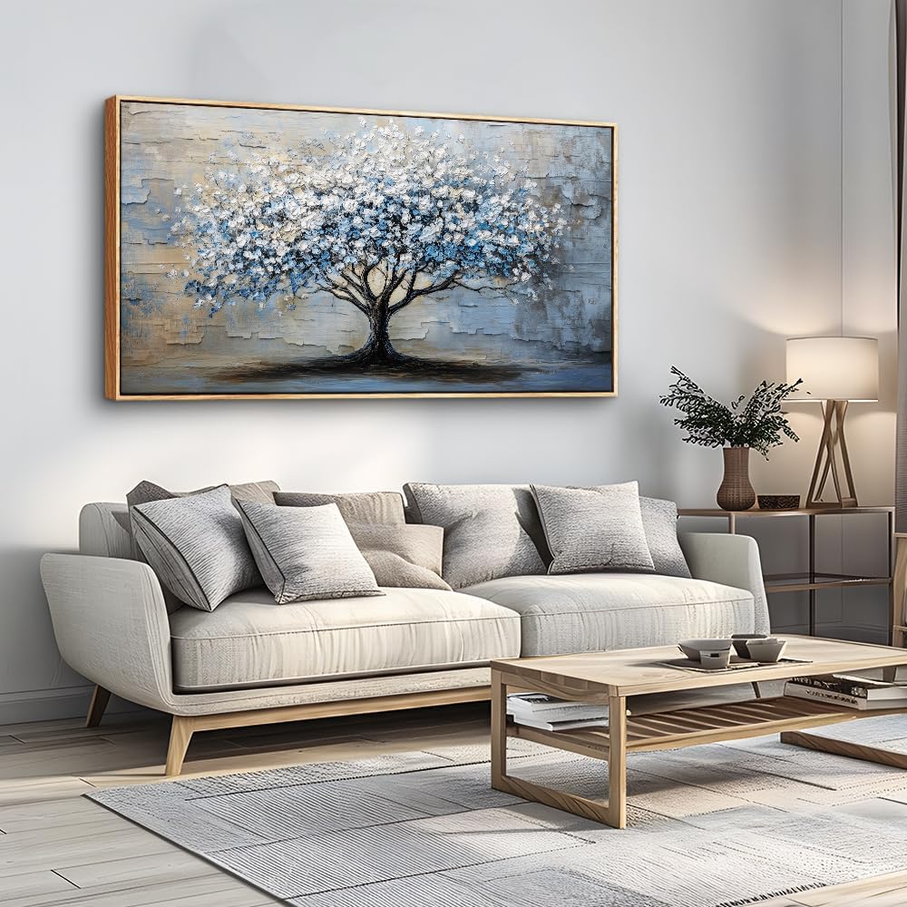 ERQINHUA Wood Framed Abstract Wall Art Office Large Wall Decor Art For Living Room Wall Pictures Blue Grey TreePainting Framed Canvas Artwork Bedroom Dining room Home Decoration Aesthetics 24'X48'