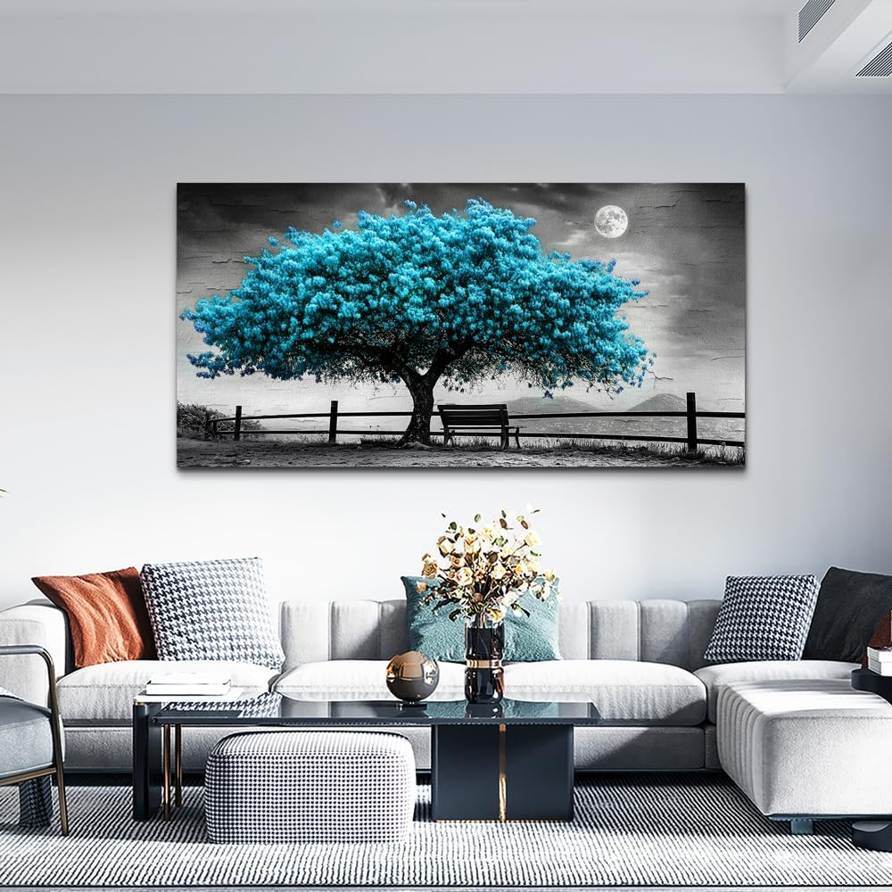 KELIYUAN Canvas Blue Tree Painting Wall Art Home Decoration Large Size Black And White Suitable For Living Room Office Bedroom Wall Decoration Printed Painting Modern Can Be Hung Directly 30x60 In