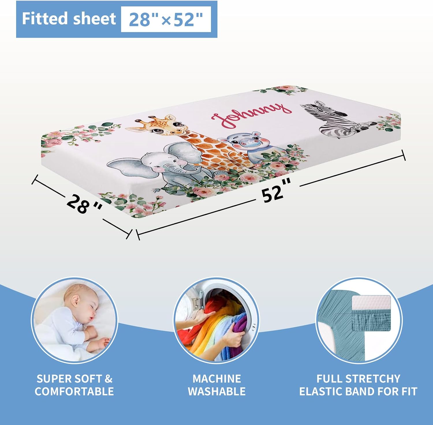 KAINSY Custom 5-Piece Baby Crib Bedding Set, Personalized Name for Kid Toddler, Animal Nursery for Boy Girl, Double Layer, Customized Gift for Infant