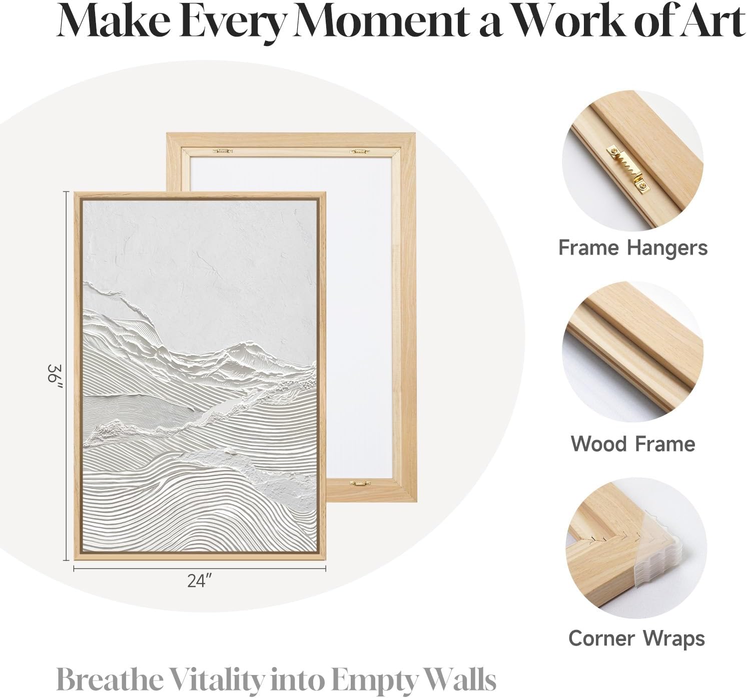 Large Framed White Abstract Wall Art Set of 2 for Living Room, Neutral Minimalist Modern Print Canvas Artwork for Walls, Contemporary Abstract 2D Wall Decor for Bedroom Office Hallway, 24x36 In