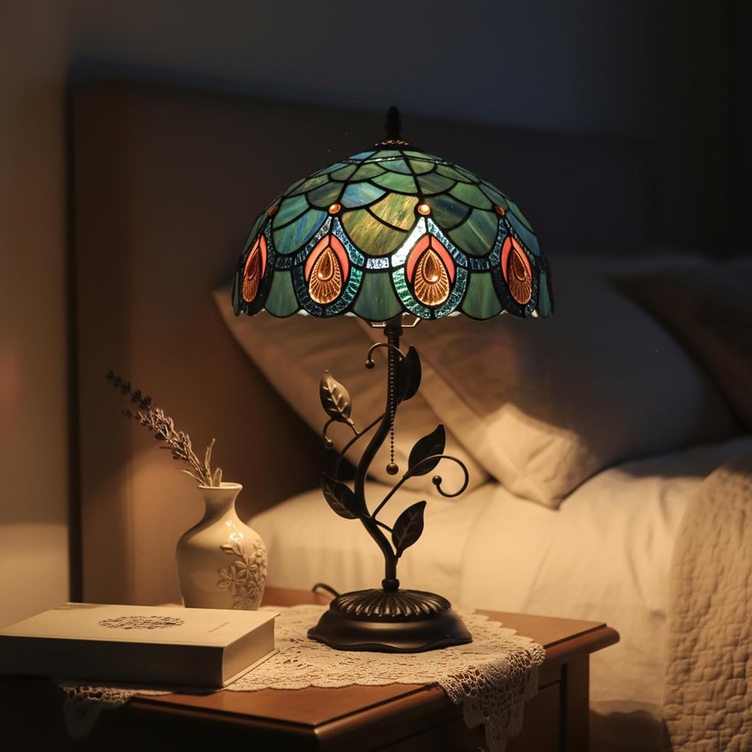 Tiffany Table Lamp, Stained Glass Style Desk Lamp, 12X12X19 Inch,Bedside Reading Light, Metal Leaf Base（Brown Crystal Style