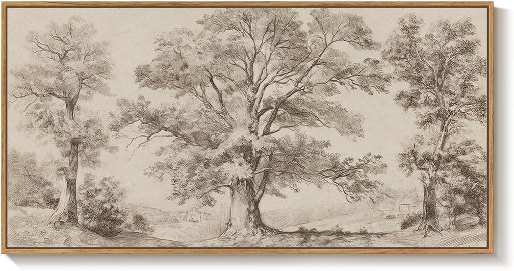 Framed Vintage Landscape Canvas Wall Art for Living Room, Extra Large Horizontal Rustic Tree Botanical Picture Prints Paintings, Neutral Wabi Sabi Artwork Decor for Bedroom Entryway 60x30 Inch