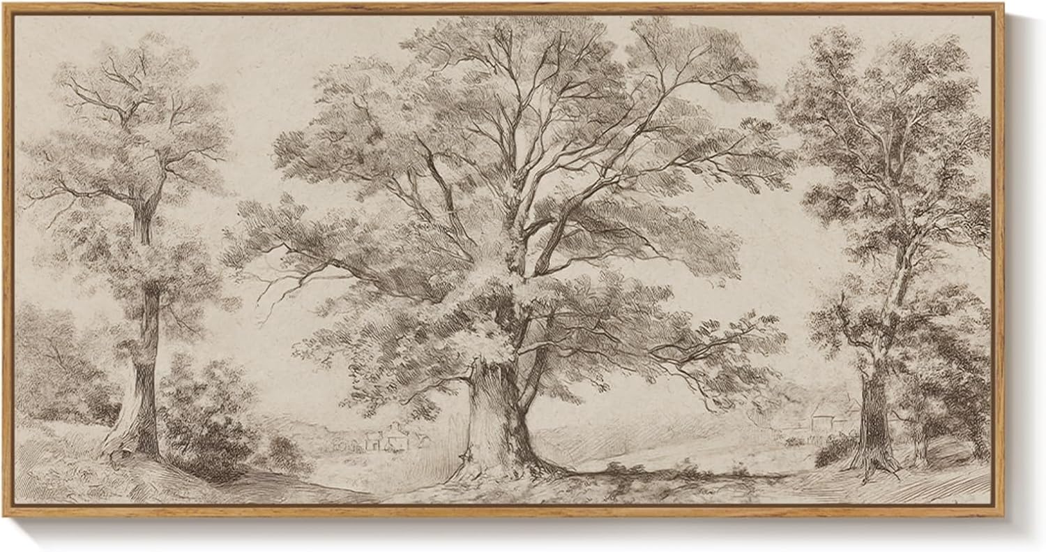 Framed Vintage Landscape Canvas Wall Art for Living Room, Extra Large Horizontal Rustic Tree Botanical Picture Prints Paintings, Neutral Wabi Sabi Artwork Decor for Bedroom Entryway 60x30 Inch