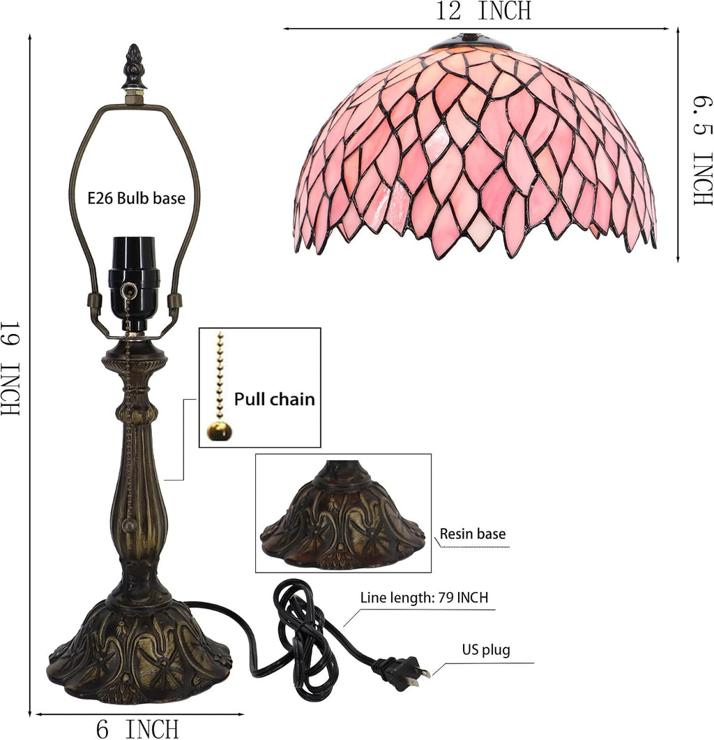 Tiffany Lamp Stained Glass Table Lamp Bedside Reading Light W12H19 Inches (Pink Wisteria)