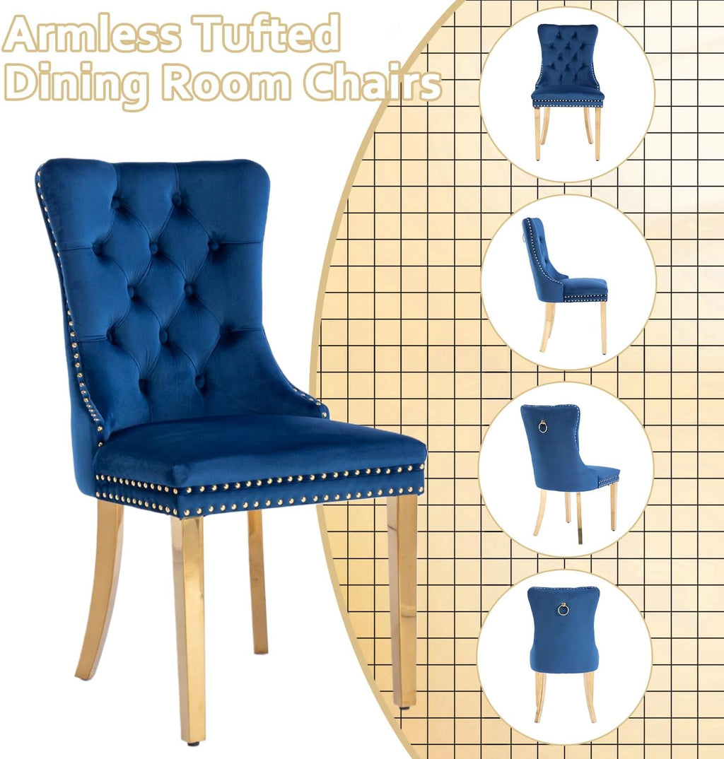 2 Piece Contemporary Velvet Upholstered Dining Chair with Chrome Stainless Steel Plating Legs, Nail Head Decro, Armless Tufted Dining Chair Fabric Dining Room Chair (Blue&Gold, Set of 2)