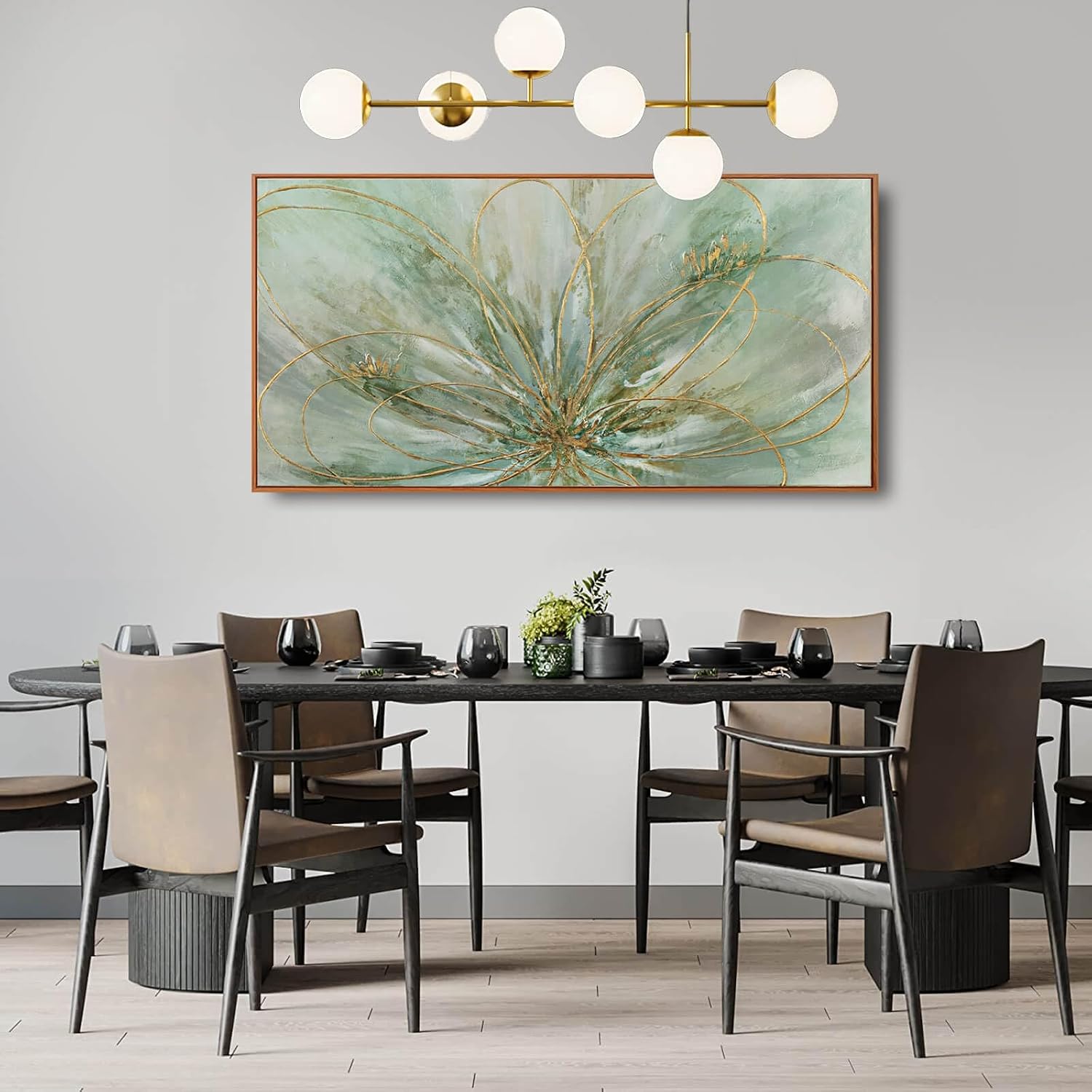 YJYart Green Abstract Canvas Artwork Flowers Wall Decor for Office Line Art Painting 24'x 48' Pictures for Bedroom Dining Room Neutral Wall Art