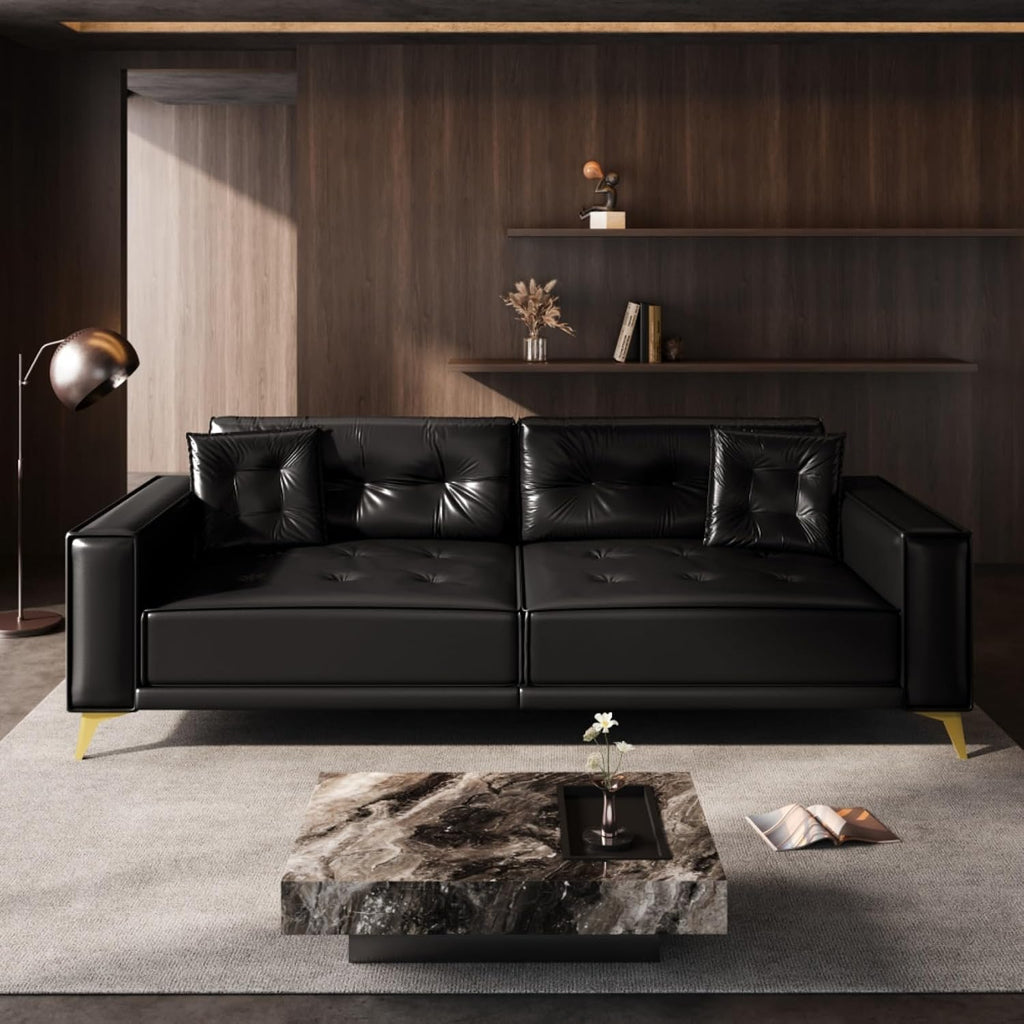 92.1' Chesterfield 3 Seater Pull Out Sofa Bed King Size with 2 Pillows and Golden Legs, PU Leather 3-in-1 Convertible Sleeper Cloud Couch with Tufted Backrest, Black
