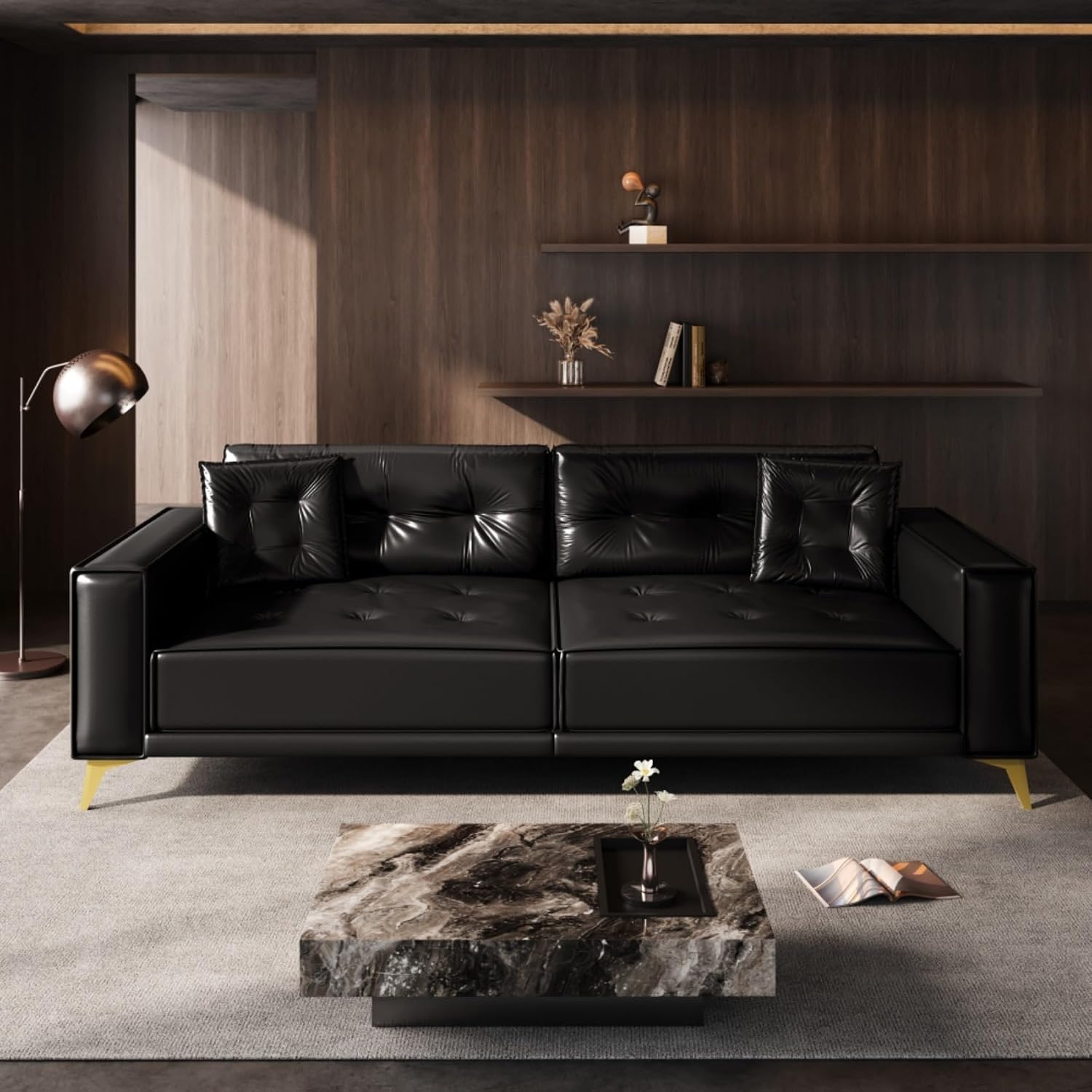 92.1' Chesterfield 3 Seater Pull Out Sofa Bed King Size with 2 Pillows and Golden Legs, PU Leather 3-in-1 Convertible Sleeper Cloud Couch with Tufted Backrest, Black