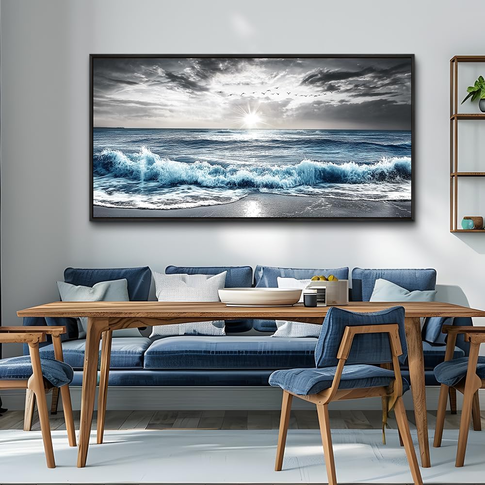 KELIYUAN Large Canvas Wall Decor For Living Room Wall Art For Bedroom Office Wall Decorations Black Frame Beach Wave Scenery Pictures Artwork For Modern Stretched and Framed Beach Posters 24'X48'