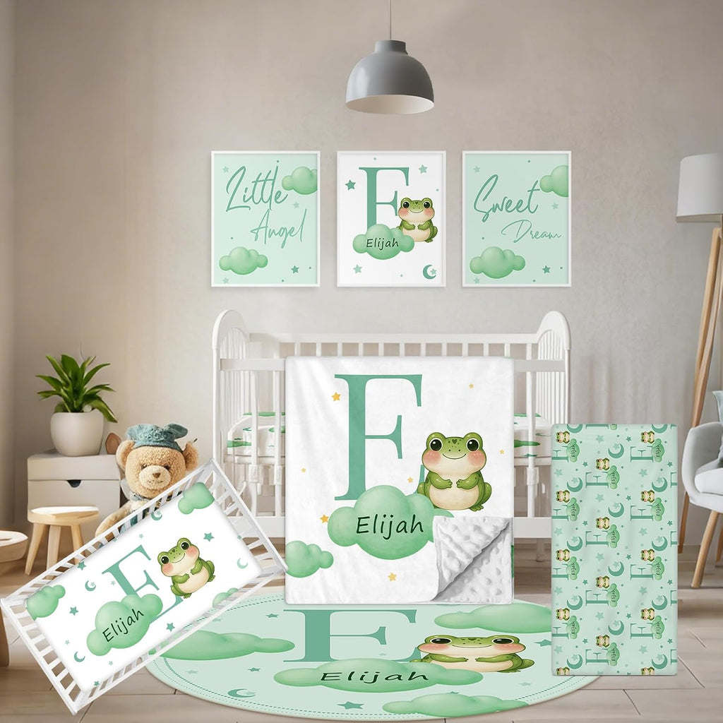 Terwex 5 Piece Customized Crib Bedding Set for Baby Boys - Custom Name Baby Crib Green Frog Nursery Bedding Set with Soft Blanket, Fitted Sheet, Rug, Personalized Gifts for Toddler, Newborn, Infant