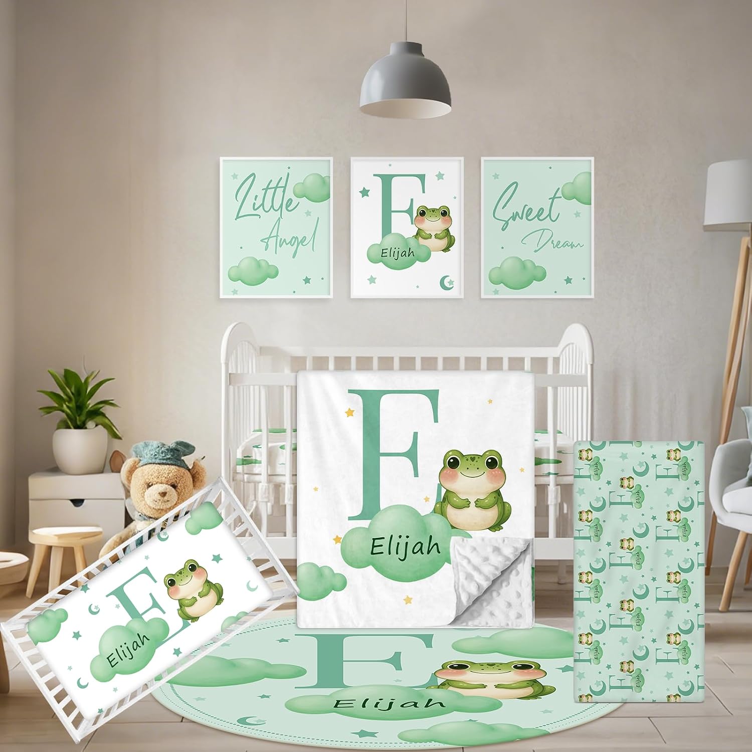 Terwex 5 Piece Customized Crib Bedding Set for Baby Boys - Custom Name Baby Crib Green Frog Nursery Bedding Set with Soft Blanket, Fitted Sheet, Rug, Personalized Gifts for Toddler, Newborn, Infant