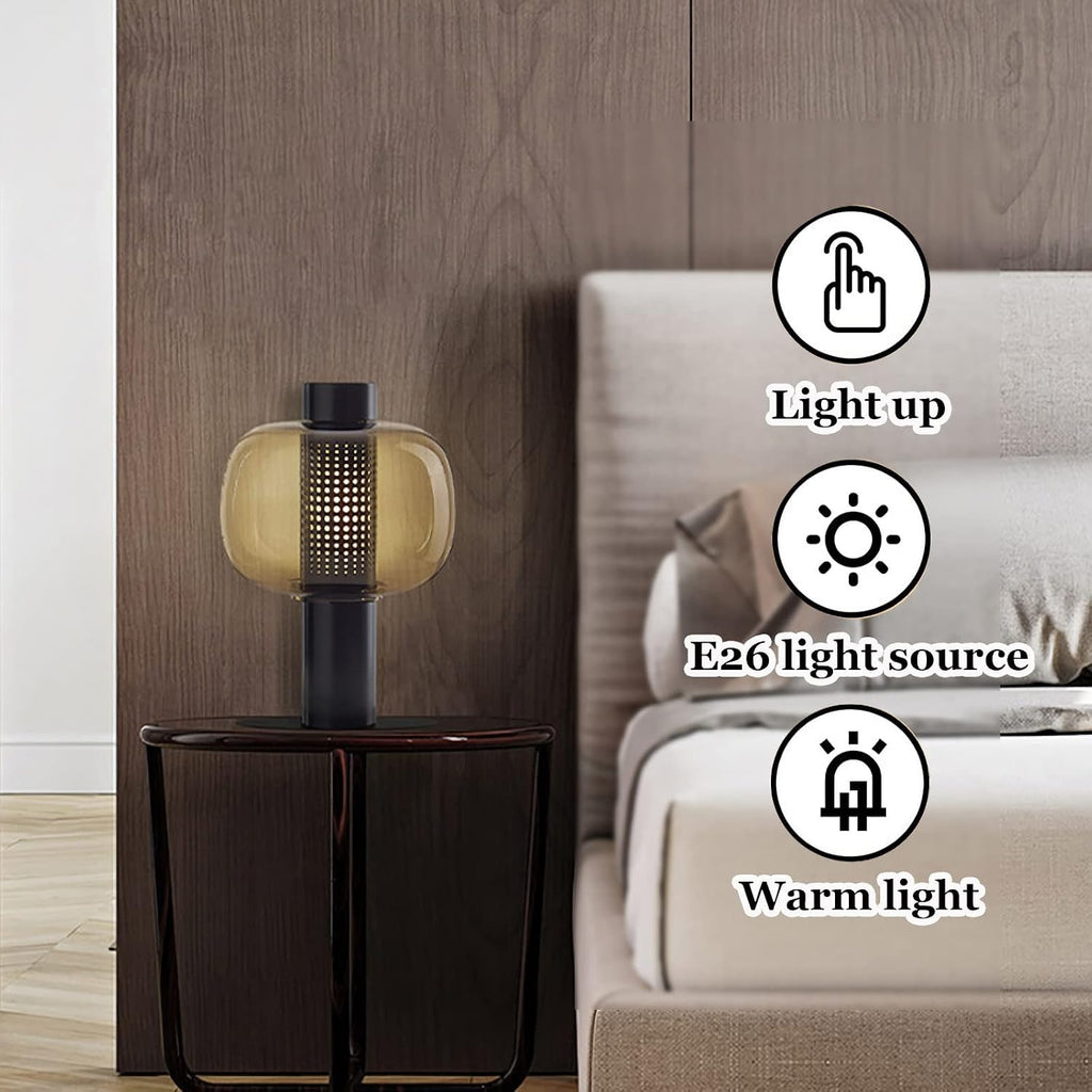 PURESILKS Modern Table Lamp Glass Shade Gold Base Minimalist Design Living Room Bedroom Office Coffee Shop Dimmable LED Light Decor Ambient Lighting