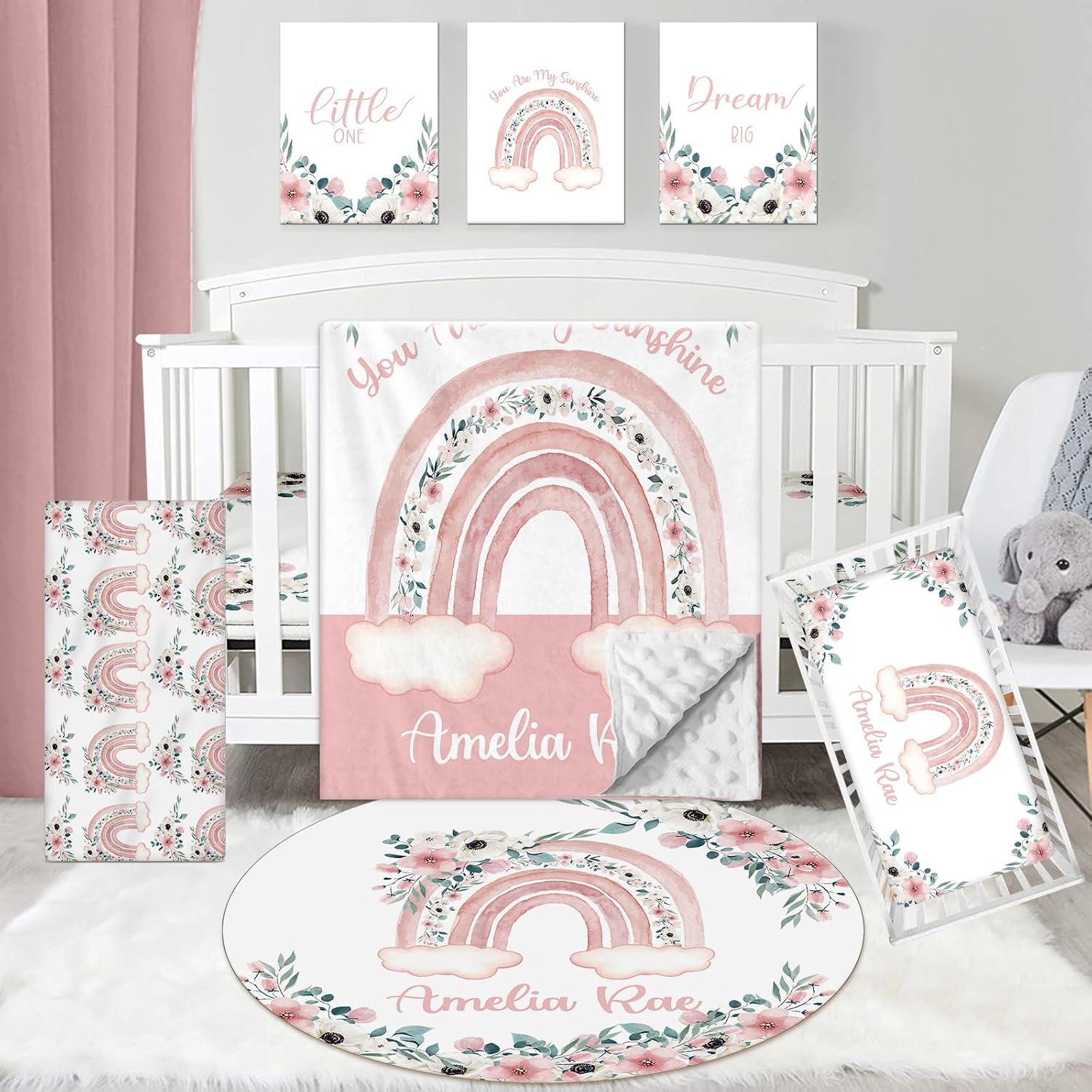 Dyoart Personalized Baby Crib Set - 5 Piece Custom Nursery Bedding Set with Name, Double Layer Pink Rainbow Bedding Set for Girls, Gift for Toddler Infant New Parents