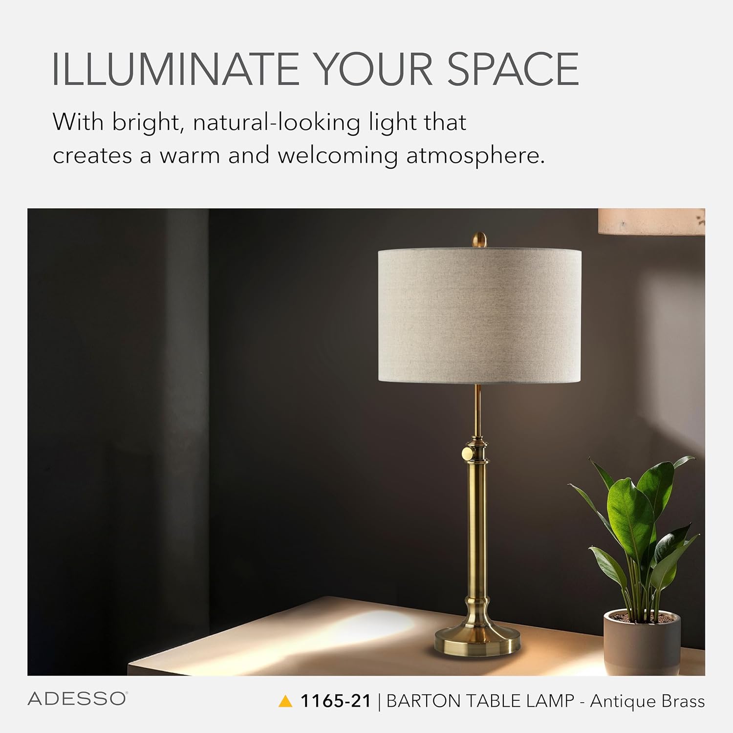 Adesso Antique Brass Table Lamp with Oatmeal Linen Shade – Adjustable Height Accent Light for Bedroom, Living Room, or Home Office, up to 34' Tall