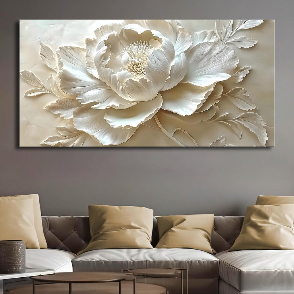 MooMel Large Framed Abstract White Flower Wall Art, Modern Canvas Wall Decor for Living Room Bedroom Dining Room Home Office, 29x58 Inch.