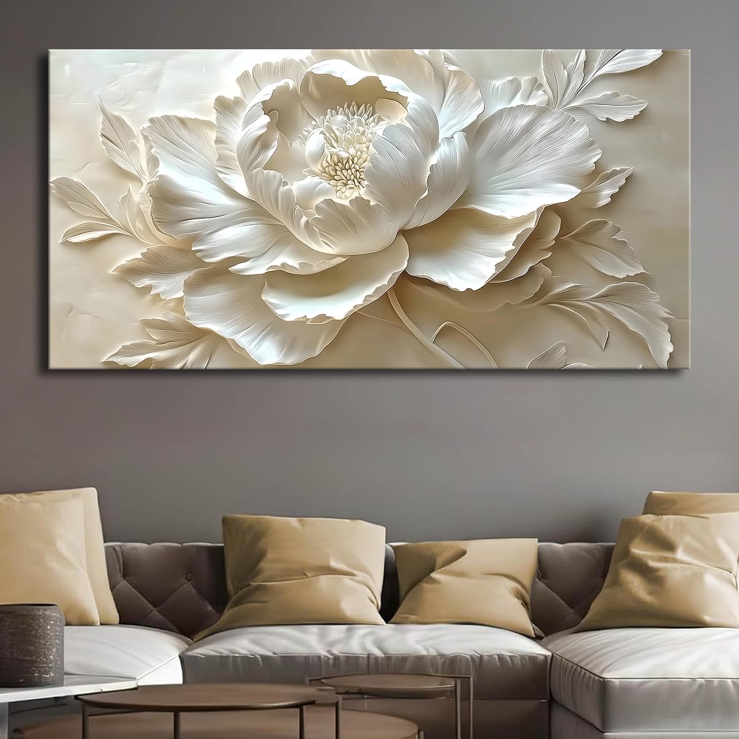 MooMel Large Framed Abstract White Flower Wall Art, Modern Canvas Wall Decor for Living Room Bedroom Dining Room Home Office, 29x58 Inch.