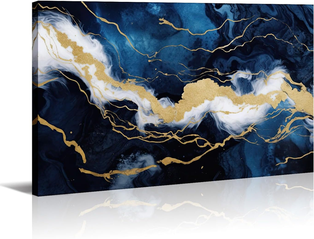 Large Navy Blue and Gold Wall Art Abstract Picture Living Room Decor Framed Modern Marble Texture Painting Canvas Prints for Bedroom Bathroom Home Office Ready to Hang - 32.00'x48.00'