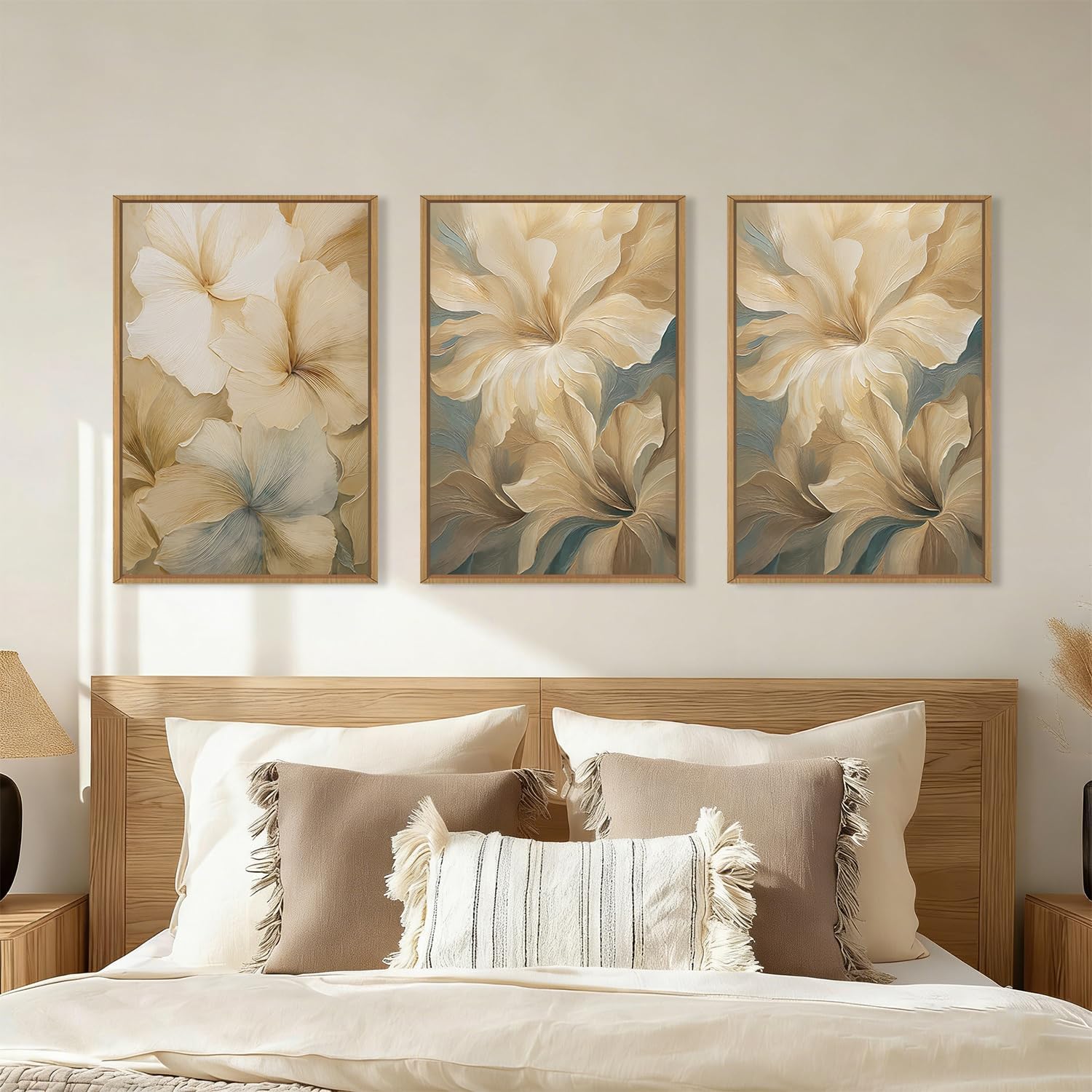 KAIRNE Neutral Beige Flower Framed Canvas Wall Art Set, Modern Magnolia Floral Wall Decor,Aesthetic Warm Wildflower Art Prints,Boho Botanical Artwork for Living Room,Bedroom,Farmhouse,Office-24'x36'x3