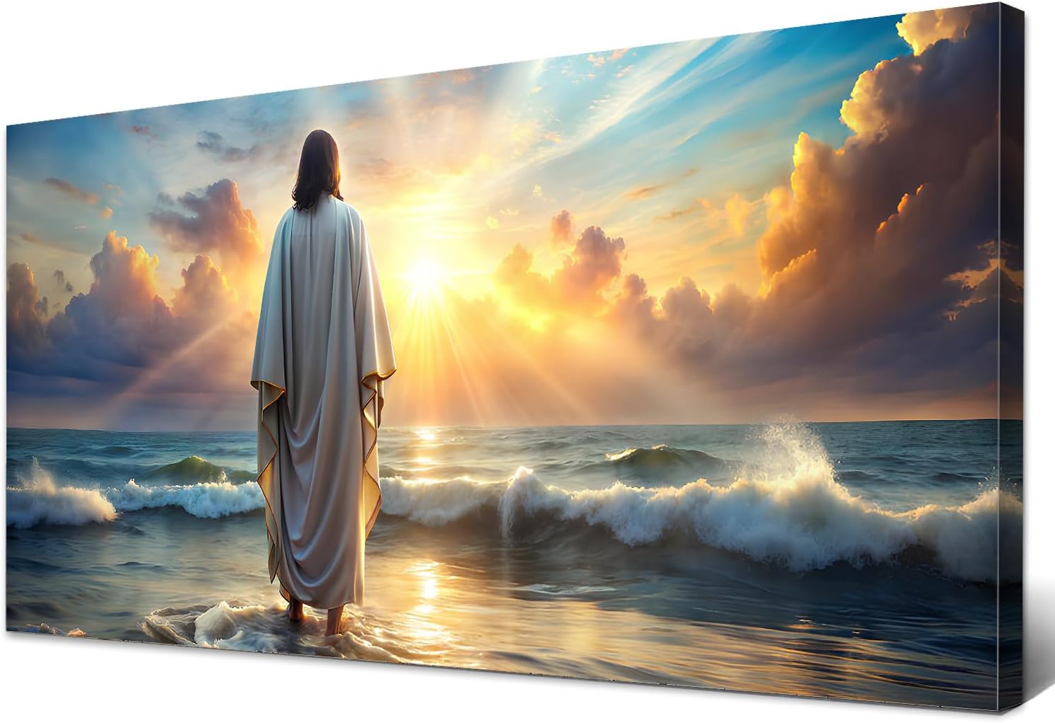 Jesus Walking on Water Wall Art Inspirational Biblical Wall Decor Jesus Walking on Sunset Ocean Picture Christian Religious Painting Decor Nature Beach Poster Artwork Church Home Decorations 30x60'