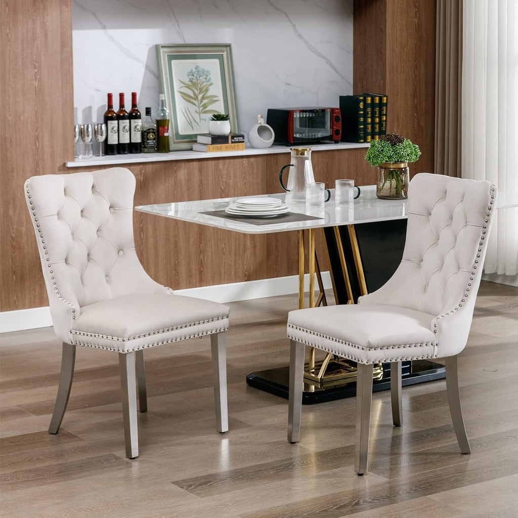 2 Piece Contemporary Velvet Upholstered Dining Chair with Chrome Stainless Steel Plating Legs, Nail Head Decro, Armless Tufted Dining Chair Fabric Dining Room Chair (Beige&Silver, Set of 2)