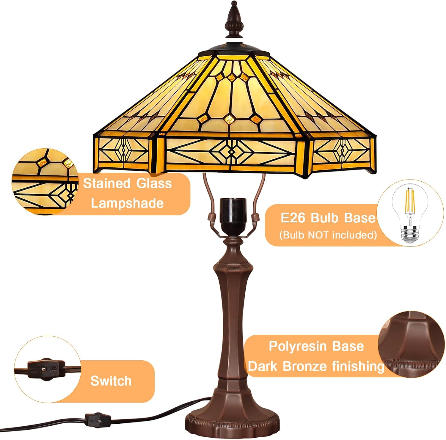 Capulina Tiffany Lamp Stained Glass Table Lamp 13x13x20 Inches Cream Hexagon Tiffany Style Desk Reading Lamp Decor for Home Office Bedroom Living Room