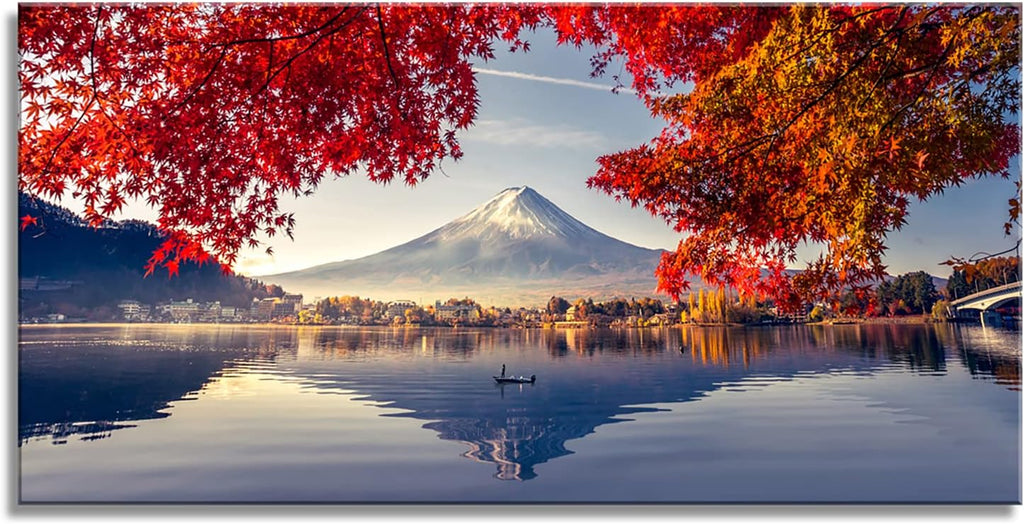 YYYYHPP Canvas Prints Mountain Fuji with morning fog and red leaves at lake Kawaguchiko Nature Picture Wall Art Framed Artwork for Living Room Bedroom Kitchen Home and Office Wall Decor
