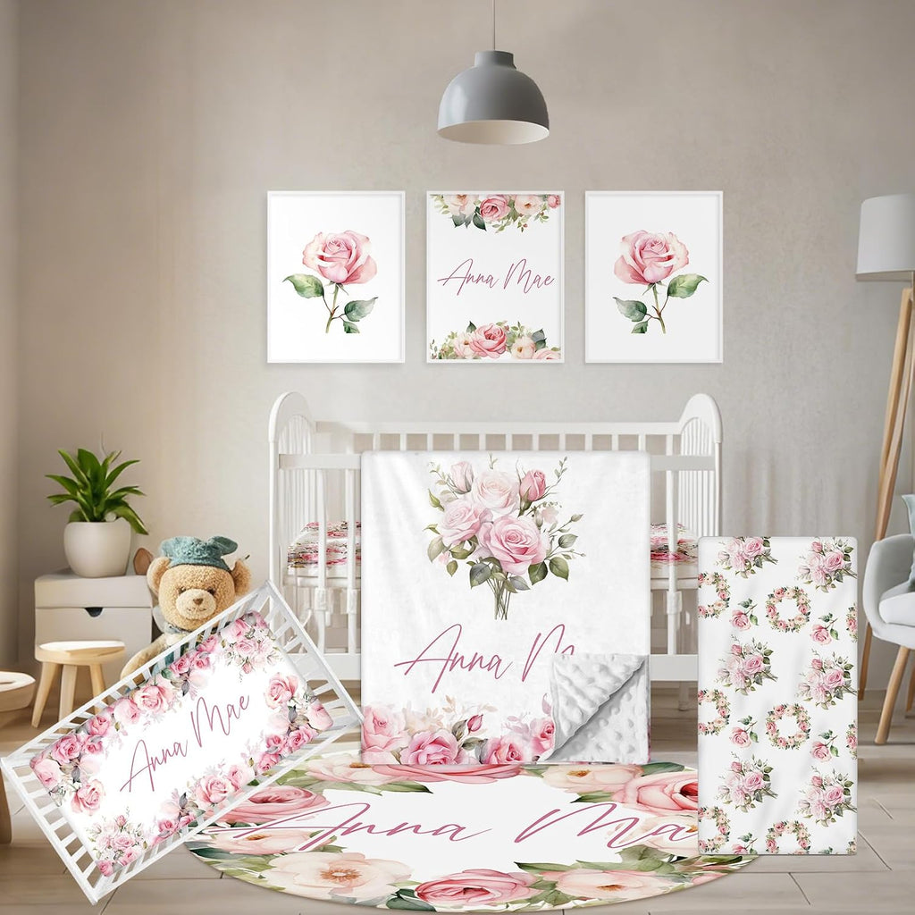 Terwex Custom Crib Bedding Set - 5 Pcs Personalized Name Pink Flowers Baby Crib Set for Infant Toddler Girl - Comfortable Double Layer Nursery Bedding Set - Customized Present for Birthday Baby Shower