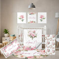 Terwex Custom Crib Bedding Set - 5 Pcs Personalized Name Pink Flowers Baby Crib Set for Infant Toddler Girl - Comfortable Double Layer Nursery Bedding Set - Customized Present for Birthday Baby Shower