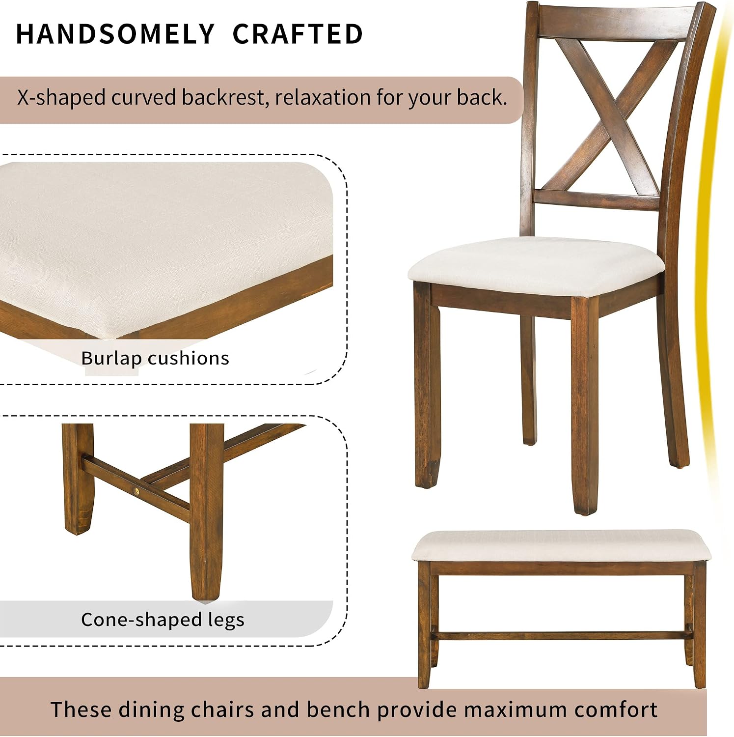 6-Piece Dining Room Table Set, Rustic Farmhouse Wood Dining Table Set with Rectangular Table 4 Upholstered Padded Chairs and 1 Padded Bench, Dining Set for Family of 4-6 People