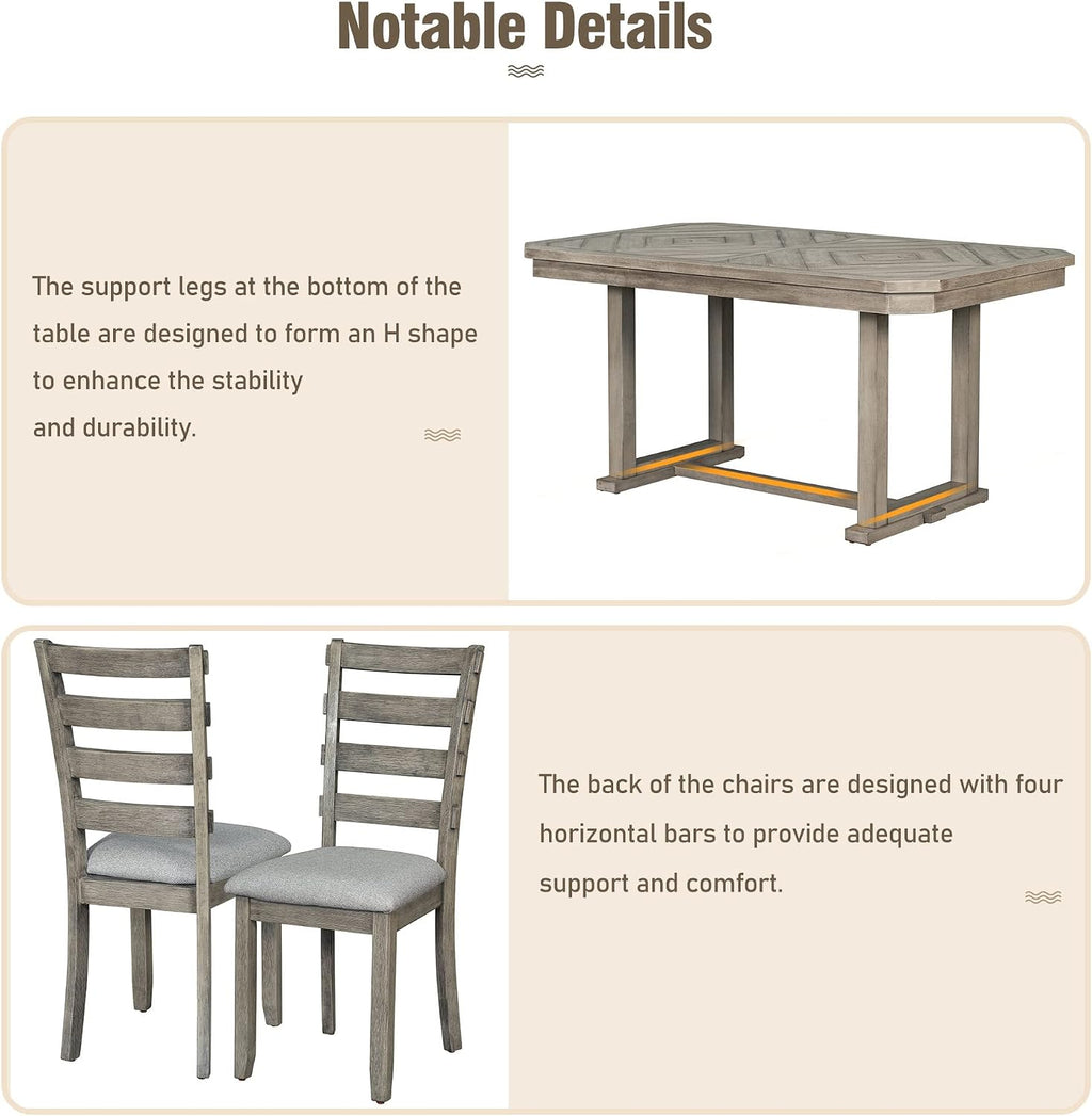 Solid Wood 6-Piece Dining Room Table Set with Beautiful Wood Grain Pattern Tabletop, Rustic Style Kitchen Dining Table Set with 4 Padded Ergonomic Chairs & a Bench (Gray-Grain)