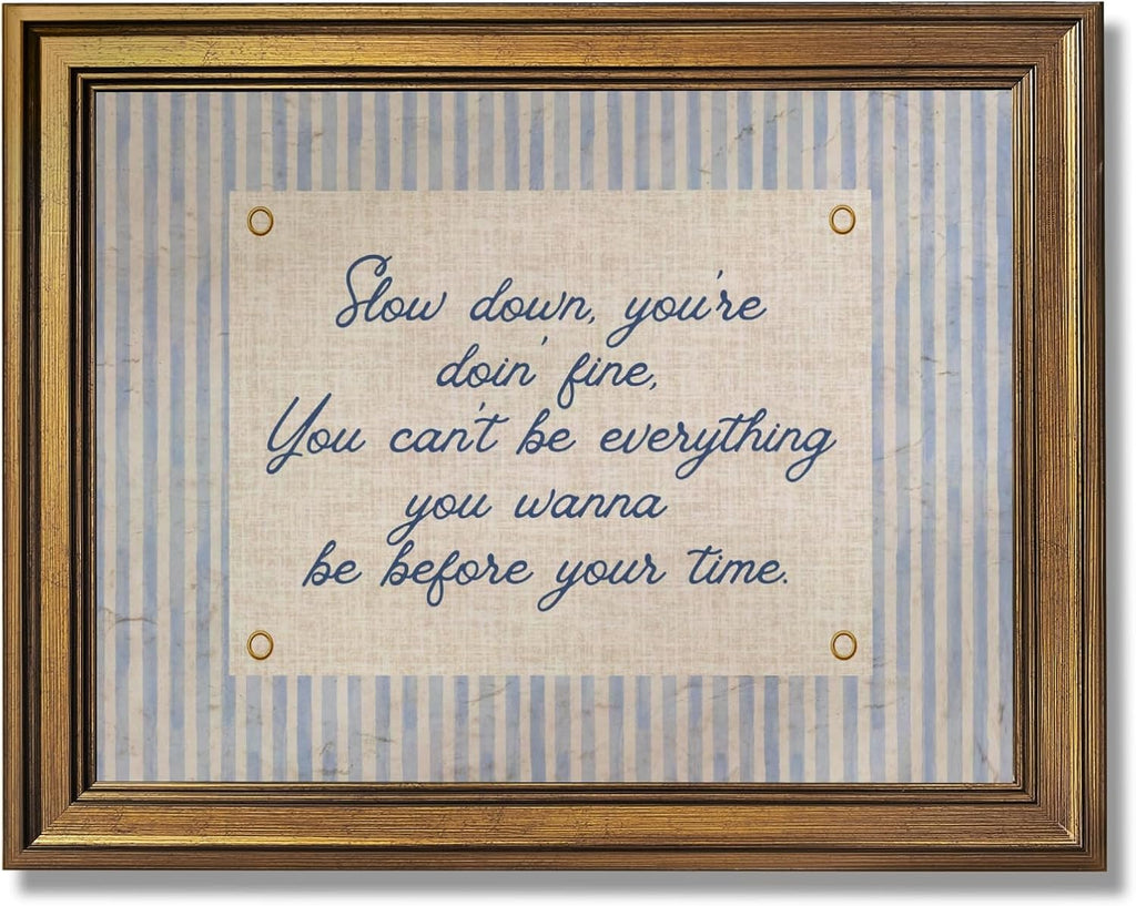 Vintage Gold Framed Wall Art Slow Down You're Doing Fine Music Poster Uplifting Positive Quote Stripe Motivational Painting Retro Song Lyric Canvas Print Daily Reminder Home Decor 24x36inch