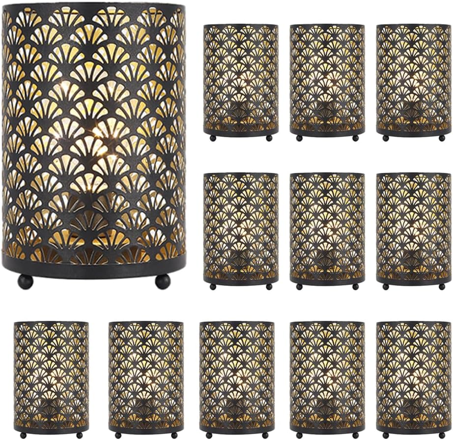 TRIROCKS Set of 12 Table Lamp 6.5'' Tall Metal Cordless Table Lamp Bronze Lanterns with Warm Fairy Lights Bulb for Patio Garden Wedding Parties Indoor Outdoor(Scalloped Hollow Pattern)